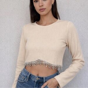 Zara Cream Ribbed Crop Top with Beaded Fringe